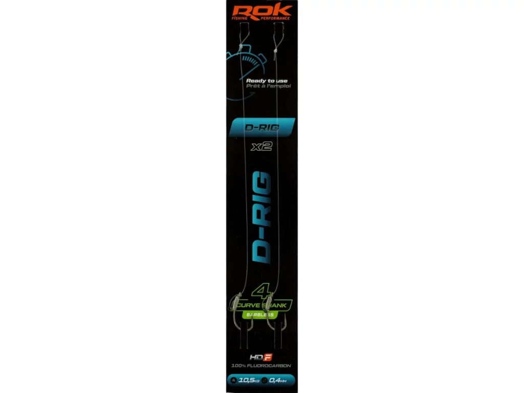 ROK D-RIG Curve Shank Barbless - 2db/csomag - előkötött szakáll nélküli horog - 4 - 0,40mm