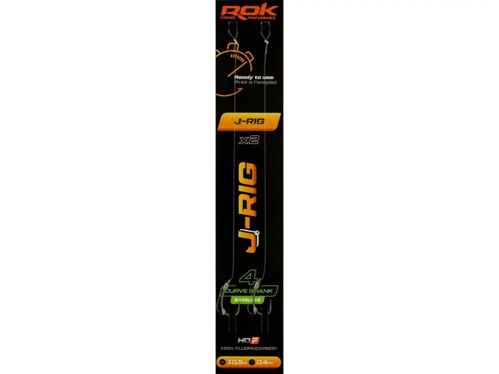 ROK J-RIG Curve Shank Barbless - 2db/csomag - előkötött szakáll nélküli horog - 4 - 0,40mm