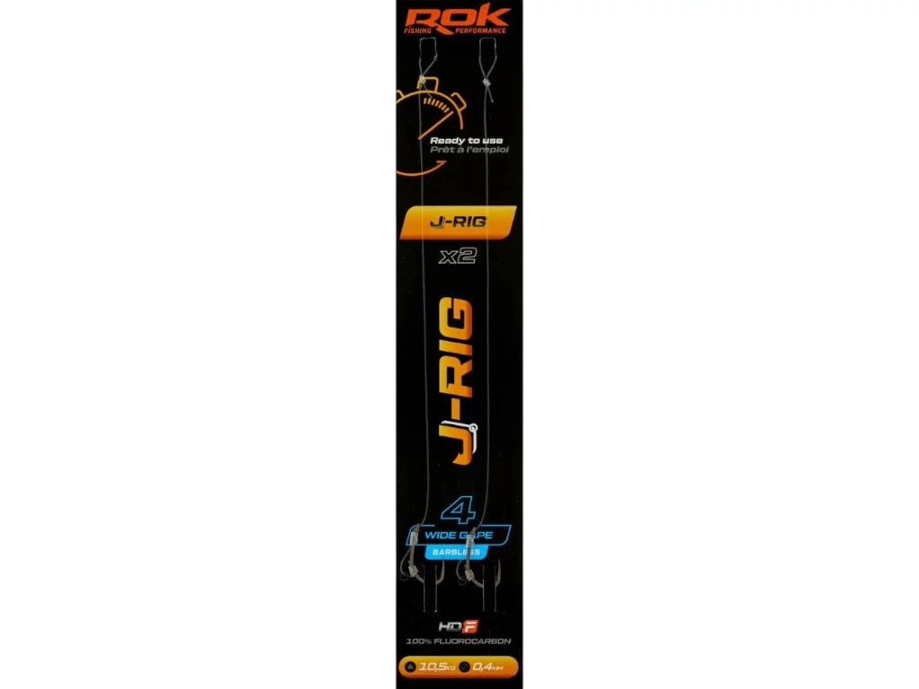 ROK J-RIG Wide Gape Barbless - 2db/csomag - előkötött szakáll nélküli horog - 4 - 0,40mm
